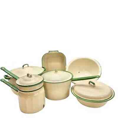 Vintage 11 Piece Green and Cream Enamelware Cookware Set Farmhouse