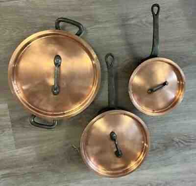 Vintage BOURGEAT French Copper Pan And 2 Skillets w/Lid