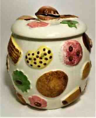 Vintage 1950â??s COOKIES ALL OVER Jar W/ Walnut Knob Lid NO CHIPS OR BREAKAG 2285E