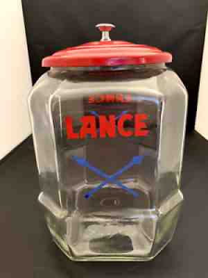 Vintage LANCE Cookie Cracker Jar 8 Sided Glass Store Display w Lid, 8 sided