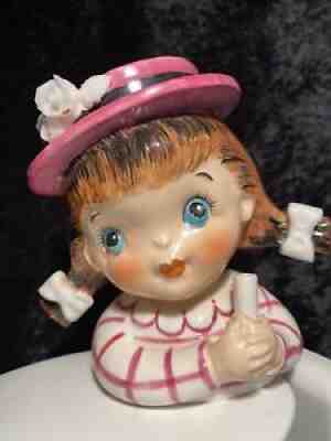 Vintage NAPCO NO Umbrella~Girl With Pig Tail , Pink Hat & Dress Head-vase