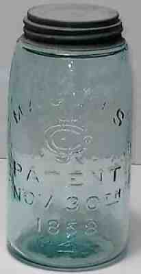 1858 MASON'S CFJ Co Fruit Quart Jar RARE MOLD C241 Zinc Lid BUBBLES RIPPLES