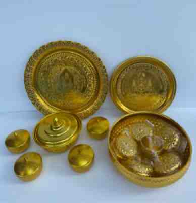 Vintage Thai Betel Nut Tray Set & Fruit Tray Gold Aluminium & 5 Bowls with Lids