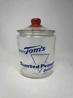 VINTAGE TOM'S TOASTED PEANUTS GLASS COUNTER JAR W/ RED KNOB LID EXCELLENT!
