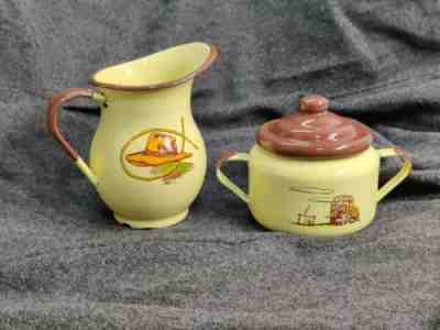 Vtg Monterrey Western Enamel Ware Cream Pitcher Creamer & Sugar Lid Chuckwagon
