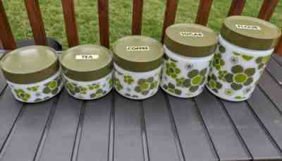HTF 5 pc. Set Fire King/Anchor Hocking Canisters Mod Crazy Daisy Milk Glass 60's