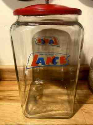 VINTAGE ORIGINAL 14" Tall LANCE Snack Cookie Jar w/Orig Red Lid Embossed Bottom