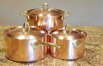 3 Vintage Paul Revere Limited Edition Copper Cookware Pots w/Brass Handles 3/3/2