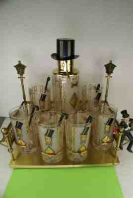 VINTAGE 1960s GLENSHAW BARWARE SET TOP HAT WINKING MAN PUMP SIX GLASSES