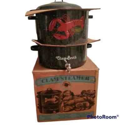 Vintage Speckled Enamel Double Steam Pot Painted Lobster Clam Broth w/ Spigot