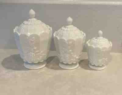 Vintage Indiana Colony Milk Glass Pedestal Harvest Grape Canister Set w Lids