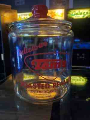 Vintage 10 ?Tom ??s Toasted Peanuts Glass Jar Clear Lid With Red Handle Antique