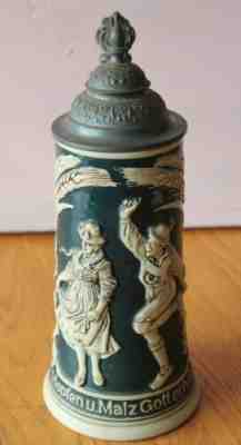 J. Atcher Beer Stein Vintage 1911 Lid Ingolstadt Germany Hopen Maltz Gotterhalts