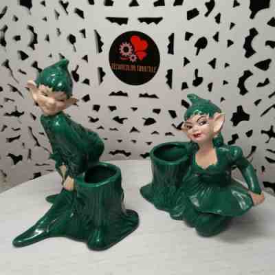 Gilner Ceramic Pixie PAIR Vintage 1951 Pixies with Artichoke Hats Free Shipping