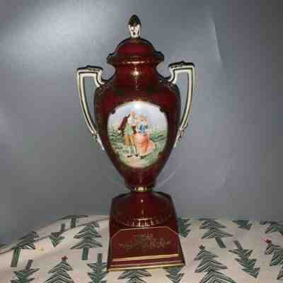 Noritake Antique cranberry, raised gold Beaded White Handles, bolted urn Lid