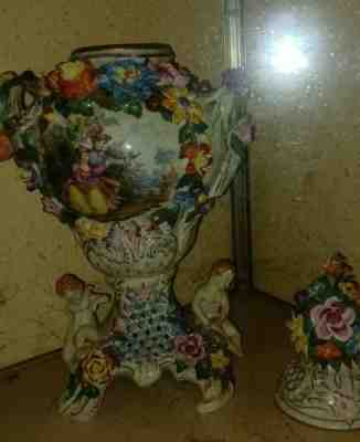 Vintage German Dresden Hand Painted Porcelain Urn with Lid.