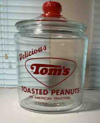 Vintage Tomâ??s Toasted Peanuts Glass Jar Clear Lid Red Handle Counter Display 10â?