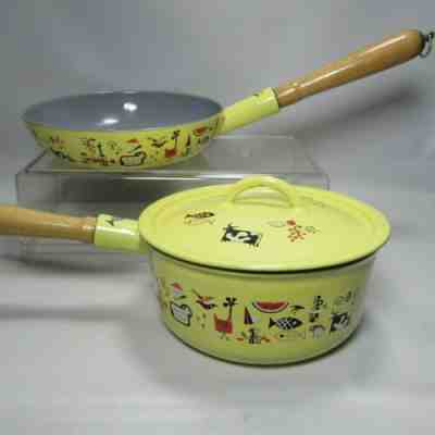 vtg Markley Descoware Sauce Pan & Skillet Mid Century Yellow Enameled Cast Iron