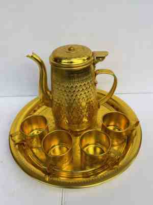 Vintage Thai Tray Coffee Pot Cone Shap Swing Cover Gold Aluminium & 4 cups
