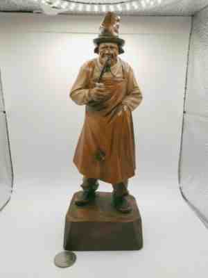 VTG 1951 High Quality Hand Carved Wood Man Figure 10.5" - Germany Apron Hat Pipe