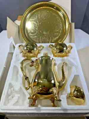 VTG NOS IN BOX Hong Kong Gold Plated Coffee Tea Set Tray Pot Creamer Sugar Bowl