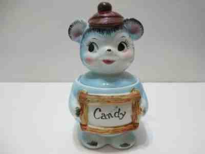 Vintage Candy Dish Jar w Lid Bear Wearing Cap Hand-Painted Ceramic Japan 6" T