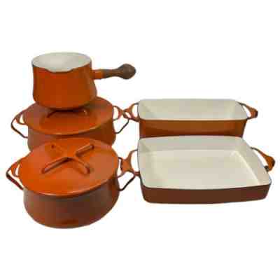 (7PC) Rare Vintage 1970â??s DANSK IHQ Kobenstyle ORANGE Enamel Pan Pot & Baker Set