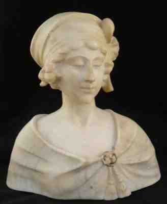 Antique Italian Carved Alabaster Bust of a Young Woman w/Hat. 9 ¼â? x 8 ¾â?