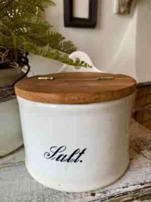 ANTIQUE Ironstone GERMAN SALT BOX Cellar WOODEN LID, Stained Chippy Farmhouse