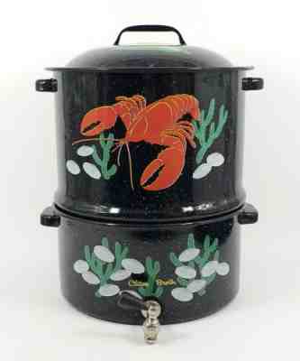 Vintage Speckled Enamel Double Steam Pot Painted Lobster Clam Broth w/ Spigot