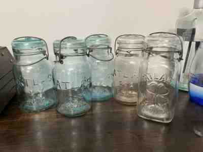 5X Vintage Atlas E-Z Seal Glass Quart Canning Jar w/ Glass Lid & Wire