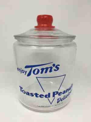 Vintage Tom's Toasted Peanuts Glass Counter Jar with Red Knob Lid 10" Excellent