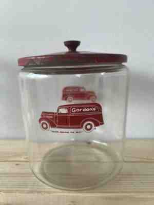 Vintage Gordon's Canister Fresh Foods Truck Glass Peanut Jar Red Lid 1 Gal.