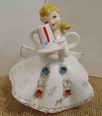 Vtg Lefton July Birthday Girl Red Whte Blue Hat Figurine #1853 1950's 4.25"