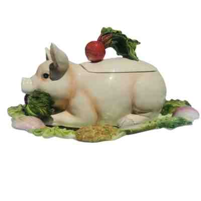 Fitz & Floyd French Market Ceramic Pig Tureen w/ Asparagus Ladle & Platter