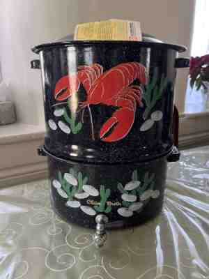 Speckled Enamel Double Steam Pot Painted Lobster Corn Clam Broth Spigot Vintage