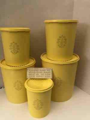 Vtg NEW TUPPERWARE YELLOW NESTING SERVALIER CANISTERS SET OF 5 w/LIDS & LABELS