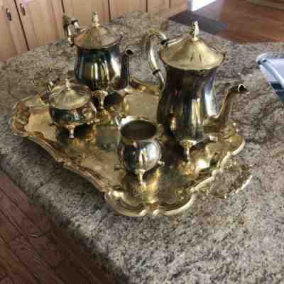Vintage Hong Kong Gold Plated Coffee Tea Set Tray, Pot, Creamer, Sugar Bowl NICE