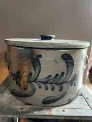 antique blue decorated butter crock with lid