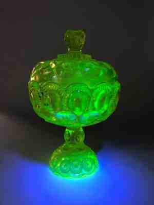 Vintage L.E. Smith Uranium Vaseline Glass Yellow Moon & Stars Compote w/Lid 8''