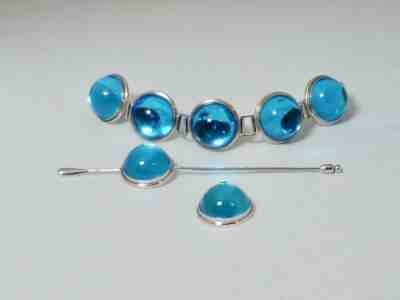 Lalique Crystal Blue Cabochon Link Bracelet Glass Hat Pin Vintage Nerita France