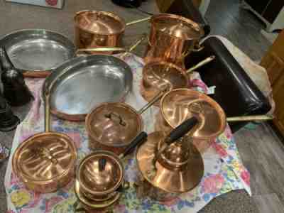 Vintage Portuguese Copral Copper Pots And Pans with Brass Handles Set 20 PC Set