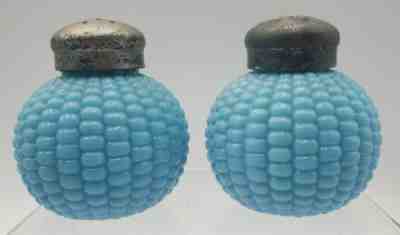 RARE Dithridge & Company Blue Milk Glass Salt Shaker Pair Corn Pattern c.1894