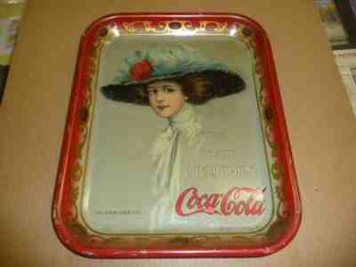 COCA COLA 1909 VINTAGE SERVING RED TRAY LADY WITH HAT 10 1/2 BY 14 3432Q