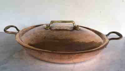 VTG Large BRIDGE COMPANY French Hammer Copper Brass Tin Lined Pan Pot w/lid 16â?