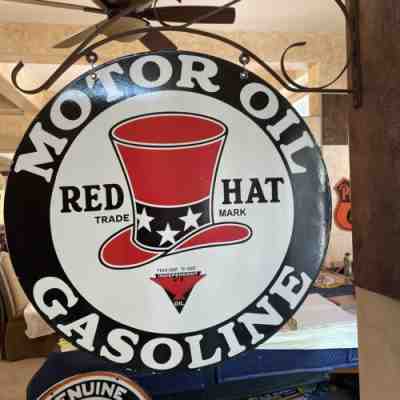 LARGE VINTAGE ''RED HAT'' DOUBLE SIDED W/ BRACKET 30 INCH PORCELAIN DEALER SIGN