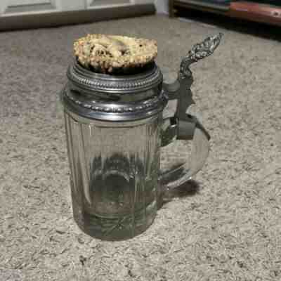 Vtg Crystal Glass German Beerstine Carved Horn Pheasant Scene Pewter Lid .5L