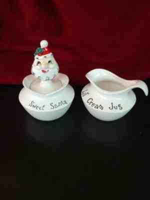 RARE Vtg LEFTON Pixieware CONDIMENT JAR W SPOON CHRISTMAS Sweet SANTA Cream Jug