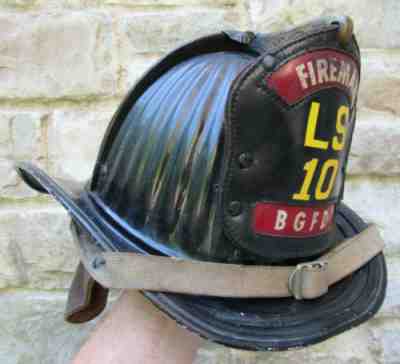 vintage fire fighter CAIRNS BROTHERS helmet leather badge hat BGFD LS OHIO