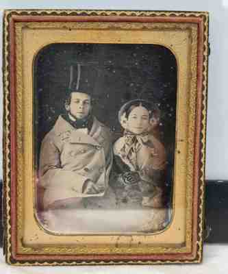 Original Early Antique Daguerreotype Photograph Man with Top Hat and Wife/Shawl